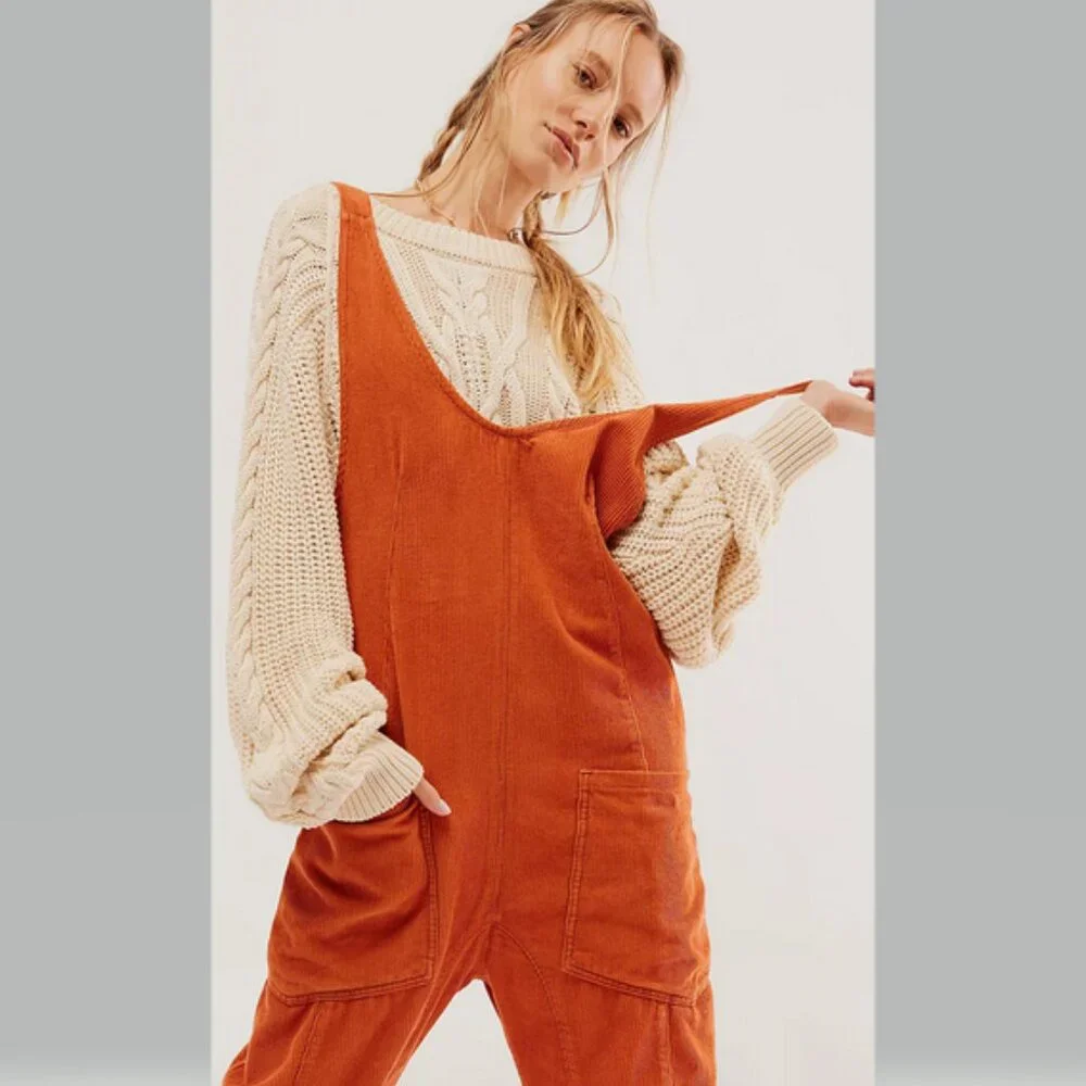 Free People We The Free High Roller Cord Jumpsuit in Cedar Size M NWT